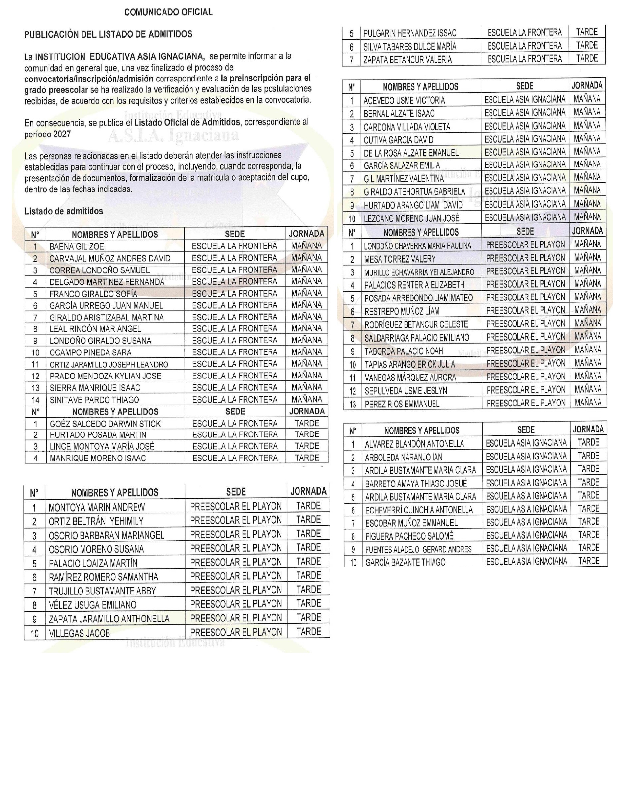 La IE. comparte el listado de estudiantes nuevos IE. ASIA Ignaciana Transición 2027